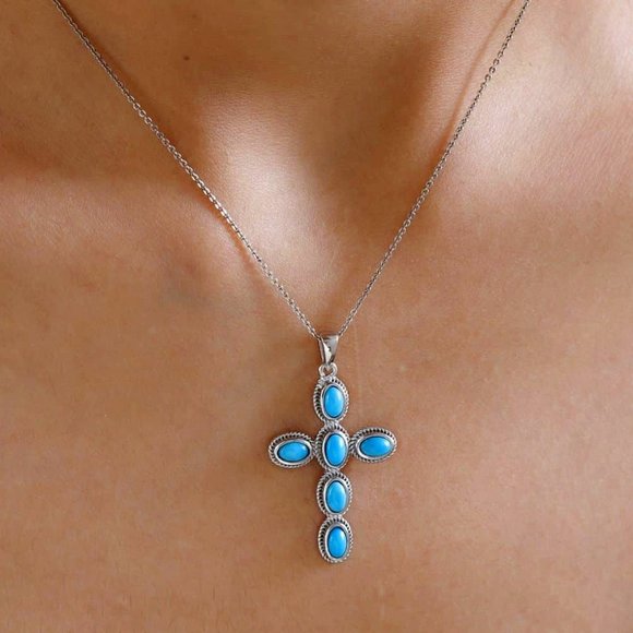Mexican Blue Turquoise Oval Gemstones Platinum Plated Cross Pendant NWT - Picture 2 of 3
